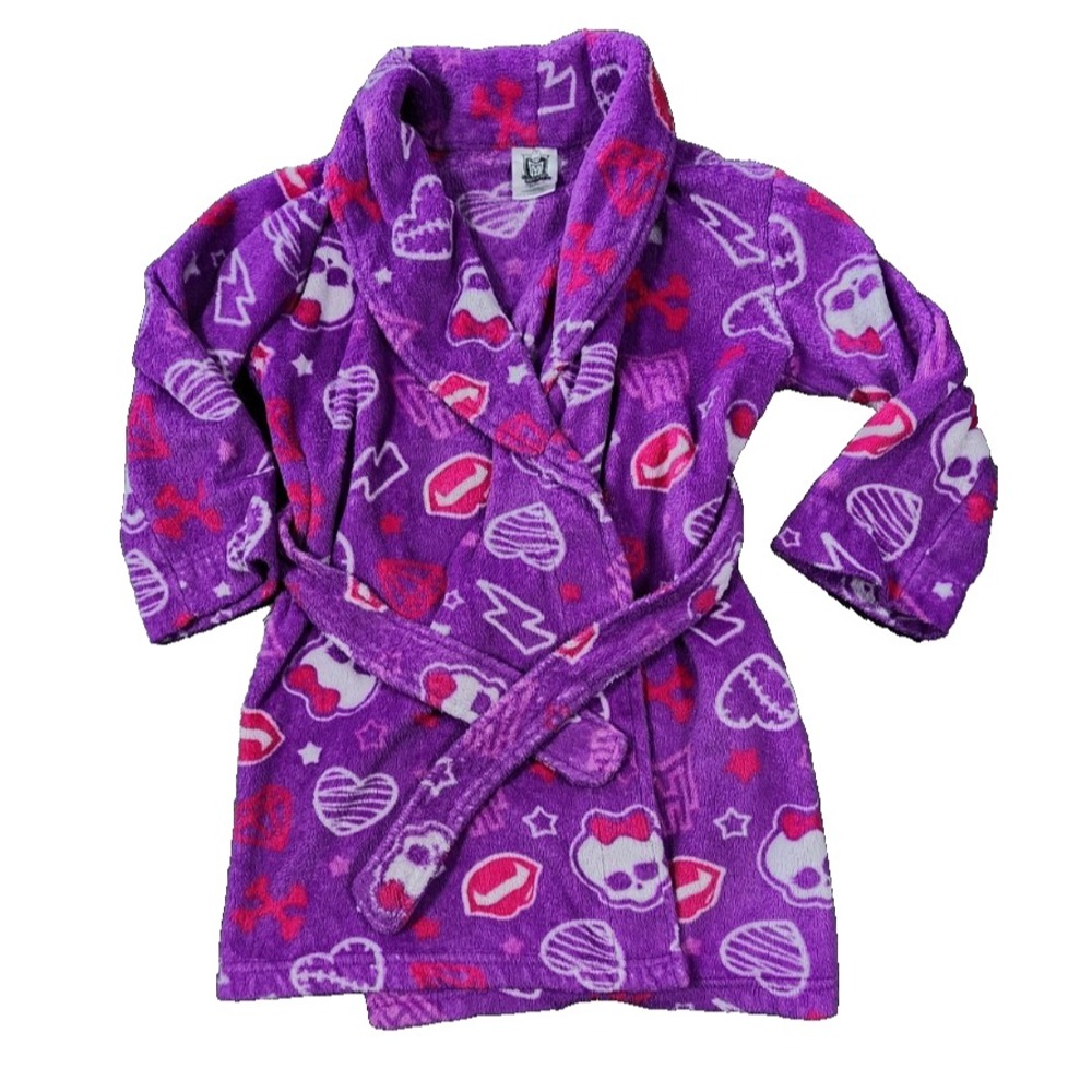 Monster High Girls Purple Plush Fleece Bathrobe Skullette Print Robe Mattel 2013